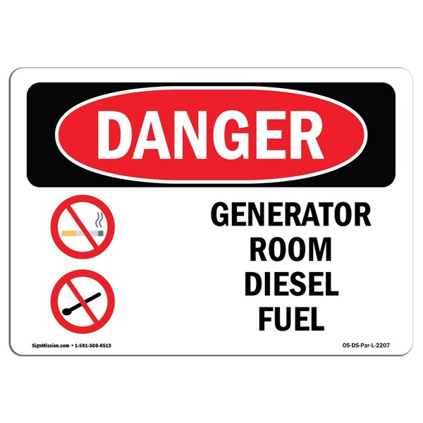Safety Sign, OSHA Danger, 3.5" Height, Generator Room Diesel Fuel, Landscape, 10PK